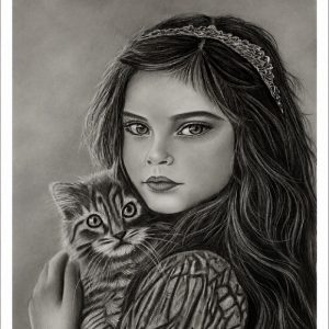 نقاشی سیاه قلم دختربچه وگربه